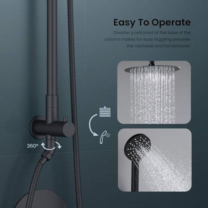 KIBI Circular Rain Shower Column, 2-Function, Solid Brass, Matte Black | 10in Rain Head Plus 3-Mode Handheld, Height-Adjustable, Brass Rough-in Valve, Pressure Balance, Wall-Mounted, KSC403 - color: Matte Black