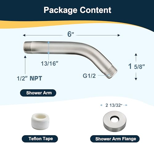 BRIGHT SHOWERS 6 Inch Brass Shower Arm with Flange Shower Pipe Arm for Wall Mount Fixed and Handheld Shower Head, Brushed Nickel - color: Brushed Nickel, style: Basic 6 Inch