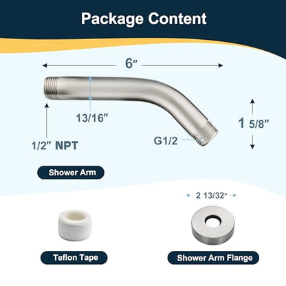 BRIGHT SHOWERS 6 Inch Brass Shower Arm with Flange Shower Pipe Arm for Wall Mount Fixed and Handheld Shower Head, Brushed Nickel - color: Brushed Nickel, style: Basic 6 Inch