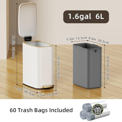 KSSKSS Small Bathroom Trash Can with Lid Soft Close, Step Pedal, 6L / 1.6 Gal Stainless Steel Garbage Bin with Removable Inner Bucket, Slim Wastebasket for Narrow Spaces (White) - color: White--P