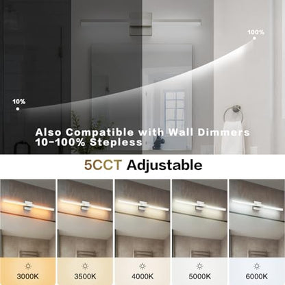 SOLFART Bathroom Lights Over Mirror, 24 Inch Brushed Nickel LED Vanity Light, 5CCT Dimmable, Built-in Dimmer, 4-Way Adjustable, ETL IP44 - color: Brushed Nickel-5CCT, 5-Step Brightness Control, size: 24 inch