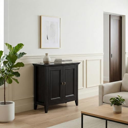 SIMPLIHOME Amherst 32" Wide Solid Wood Cabinet in Hickory Brown | Transitional-style low storage cabinet with adjustable shelves for organized living room, entryway or dining area storage.