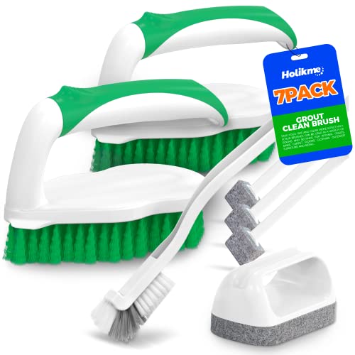 Holikme 7 Pack Cleaning Brush Scrub Brush Kitchen Brush for Floor,Green | Deep Cleaning Brush Set, Scrub Pads with Scraper Tip for Pool Walls, Bathroom, Grout, Floor, Bike, Tub, Shower - color: Green