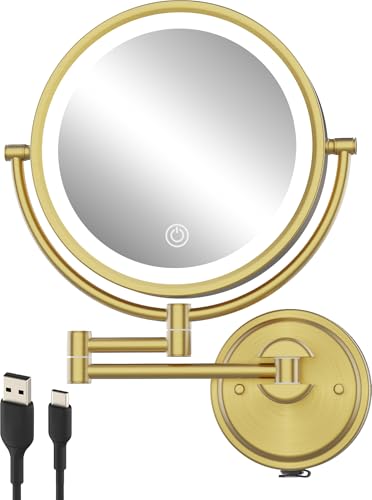 10" Brass Bathroom Large Wall Mount Makeup Mirror with Lights Extension Arm | Rechargeable, USB Charging, Touch Dimmable 3 Color LED Swing Shaving, 1/5X 2 Sided, Magnifying, Memory Function, Brushed Gold - color: Brushed Gold