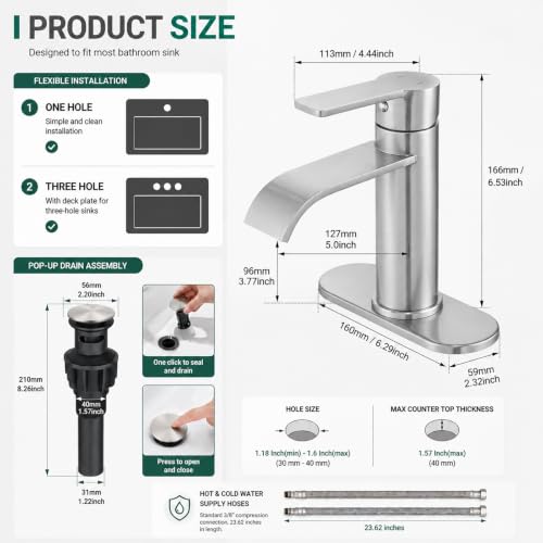 VOTON Bathroom Faucet Brushed Nickel Waterfall with Drain & Deck Plate | Waterfall Spout | Brushed Nickel | Lead-Free SUS 304 | Pop-Up Drain | 1/3 Hole Install | 6 in Deck Plate - color: Brushed Nickel