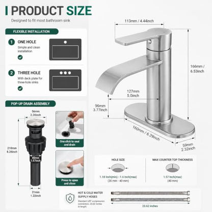 VOTON Bathroom Faucet Brushed Nickel Waterfall with Drain & Deck Plate | Waterfall Spout | Brushed Nickel | Lead-Free SUS 304 | Pop-Up Drain | 1/3 Hole Install | 6 in Deck Plate - color: Brushed Nickel