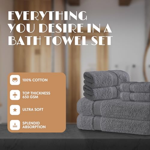 Gray Bath Towel Set of 6 - 100% Cotton Highly Absorbent Towels for Bathroom, 2 Luxury Bath Towels 650GSM, 2 Hand Towels, 2 Washcloths - color: Gray