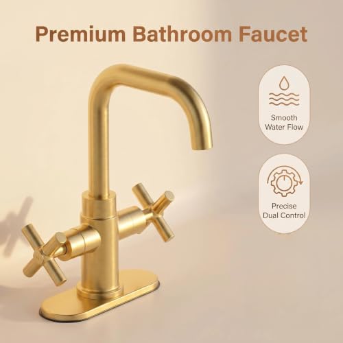 Modern Brushed Gold Bathroom Sink Faucet, 4 Inch Single Hole or 3 Hole Centerset, 2-Handle Cross Handle, 360-Degree Swivel Spout, 1.2 GPM Soft Water Flow, Pop Up Drain - color: Brushed Gold