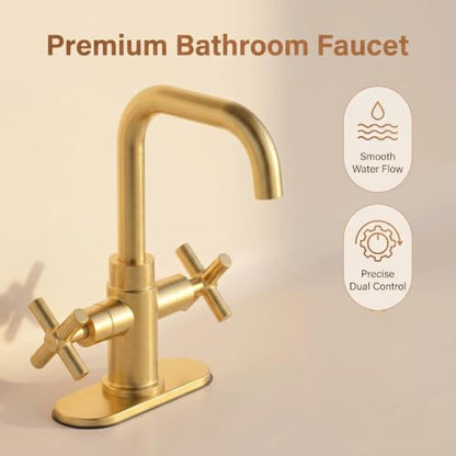 Modern Brushed Gold Bathroom Sink Faucet, 4 Inch Single Hole or 3 Hole Centerset, 2-Handle Cross Handle, 360-Degree Swivel Spout, 1.2 GPM Soft Water Flow, Pop Up Drain - color: Brushed Gold