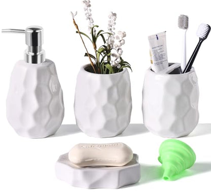 Ceramic Bathroom Accessories Set 4 PCS,Include 16 oz Soap Dispenser,Toothbrush Holder,Tumbler,Soap Dish,Textured Bathroom Counter Set (White) - color: White Ceramic 4 Pcs