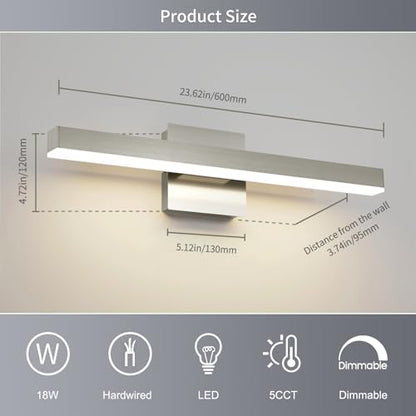 Joossnwell Bathroom Vanity Light, Brushed Nickel Bathroom Light Fixtures | ETL Certificated, 5CCT Dimmable, Modern LED Vanity Lighting Bar, Bathroom Lights Over Mirror 23.62 inch - color: Brushed Nickel, size: 23.62 Inch Long