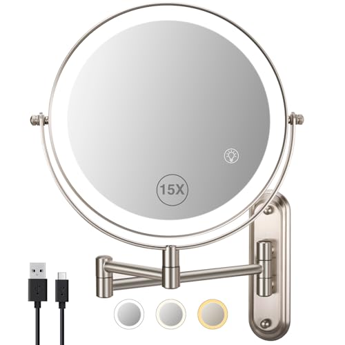 15x Wall Mounted Makeup Mirror - Nickel | 8" Rechargeable Double-Sided Magnifying Mirror, 3 Color Lights for Makeup,365°Swivel for Shaving - color: Nickel-light