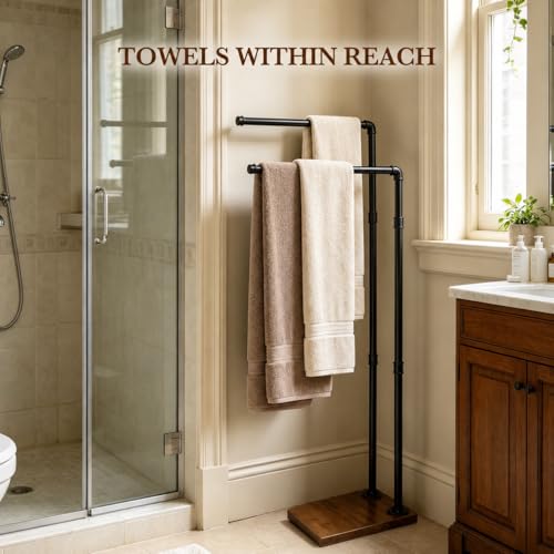 Hjarta Freestanding Towel Rack for Bathroom, 2-Tier Free Standing Towel Stand, Farmhouse Towel Holder for Bath Towel Sheet, Rustic Brown - color: Rustic Brown