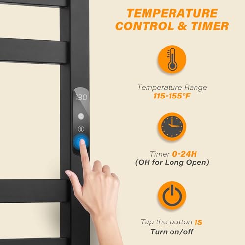 Towel Warmer Matte Black Heated Towel Rack for Bathroom | Electric Towel Dryer Rack with Temperature Control Plug-in/Hardwired heated towel rack with 304 stainless steel - color: Matte Black
