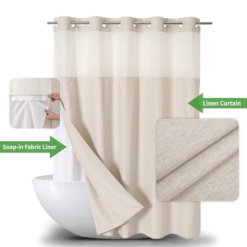 Eachope No Hooks Polyester Textured Shower Curtain with Snap-in Fabric Liner Set, Hotel Luxury Decor Shower Curtains for Bathroom with See Through Top Window, Waterproof & Washable, 71Wx74H, Cream | 230GSM Thick Fabric,Hotel Luxury Decor,Mesh Top Window,M