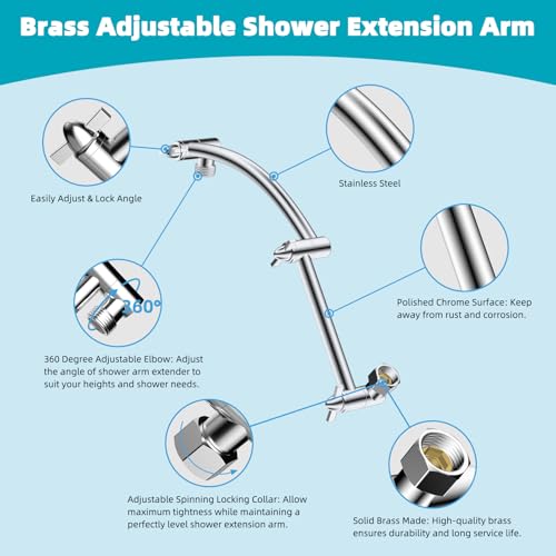 Hibbent Rain Shower Head, 13'' High Pressure Rainfall Square 5 Spray Mode Showerhead with 16" Shower Head Extension Arm, Solid Brass Adjustable Shower Arm Extender, Waterfall fixed Showerheads, Chrome - color: Chrome, style: Square 13'' with Arm