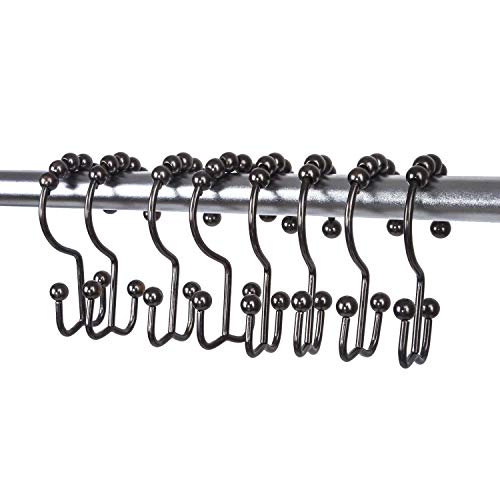Rust Proof Shower Curtain Hooks - Set of 12 Metal Shower Curtain Rings - Double Glide Shower Hooks for Bathroom Curtain (Black) - color: Black