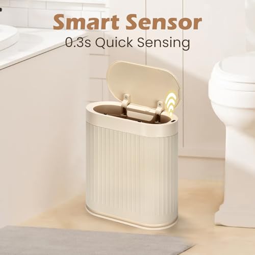 SYNCVIBE Bathroom Trash Can with Lid, 2 Gallon, Automatic Lid, Beige | Motion Sensor Garbage Can, 7.5 Liter Smart Trash Bin, IPX5 Waterproof Narrow Plastic Wastebasket for Bedroom and Office - color: Beige