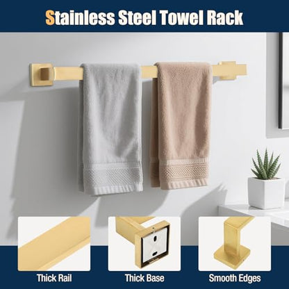 10 Pcs Gold Bathroom Hardware Accessories Set 23.6 Inch Wall Mounted | Bath Towel Bar Kit with Square Towel Racks Ring and Towel Hooks, Paper Holder, 304 Stainless Steel - color: Gold