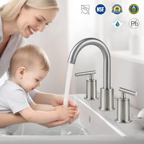 VXV Brushed Nickel Bathroom Faucet 3 Hole Widespread with Easy Installation, 2-Handle 8 Inch Bathroom Sink Faucet 360° Swivel Spout, Pre-Attached Hoses & Drain Included, Vanity Faucet for Bath Sink - color: Sleek Brushed Nickel