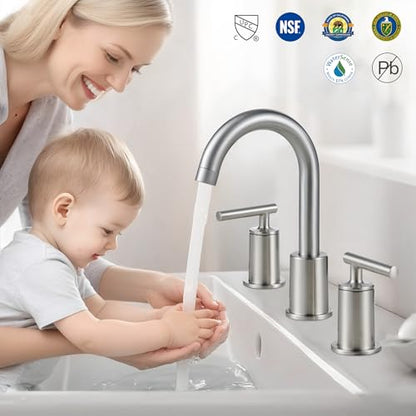 VXV Brushed Nickel Bathroom Faucet 3 Hole Widespread with Easy Installation, 2-Handle 8 Inch Bathroom Sink Faucet 360° Swivel Spout, Pre-Attached Hoses & Drain Included, Vanity Faucet for Bath Sink - color: Sleek Brushed Nickel