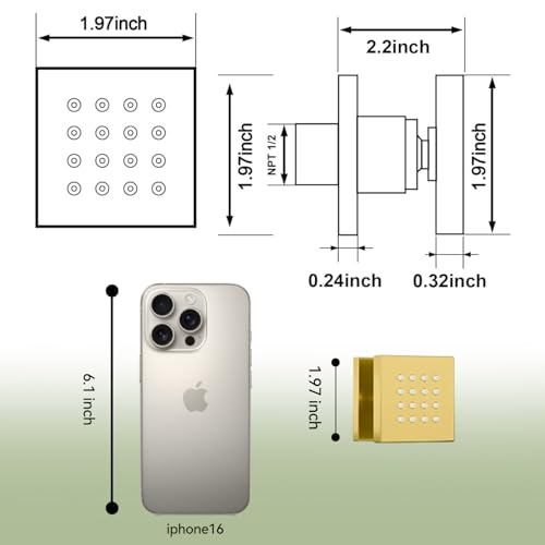 Shower Body Spray Jets with On Off Switch Adjustable Flow Body Sprays Jets Massage Spa Jet Brushed Gold, Flow control - color: Square-Brushed Gold