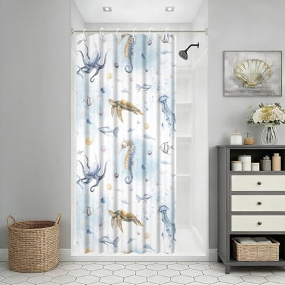 Yeele Ocean Creatures Watercolor Shower Curtain, Turtle Octopus Blue Print Shower Curtain, Waterproof Machine Washable Fabric Bath Curtain 36x72 Inch with Grommets and Hooks - color: Blue 1, size: 36"W x 72"L (Pack of 1)