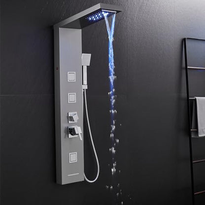 5-in-1 LED Shower Panel Tower System Stainless Steel | Rainfall + waterfall heads | 3 massage sprays | Handheld shower | Waterfall tub spout | LED lights | Wall mount - color: Brushed Nickel