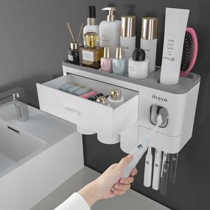 iHave Toothbrush Holders Wall Mounted with Toothpaste Dispenser & 3 Cups | All-in-One Bathroom Organizer: 3 Cups, 6 Slots, Toothpaste Dispenser, Large Tray & Drawer. Wall Mount, No Drilling Required - color: White, size: 3 cup
