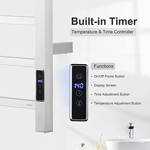 Electric Towel Warmer - Wall Mounted Bathroom Heated Towel Rack, Plug-in Design & Brushed Stainless Steel Finish (Square Brushed with Timer ETW13CS, 6 Bar)