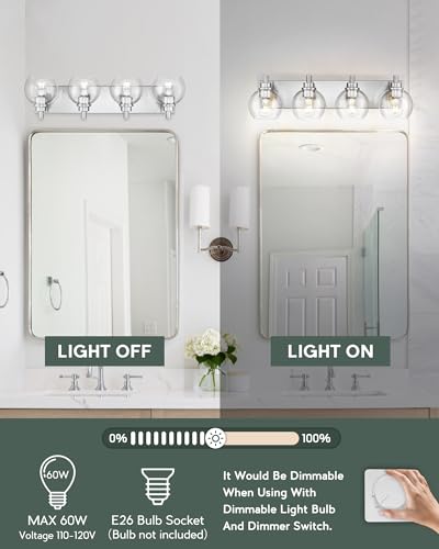 4-Light Brushed Nickel Bathroom Vanity Light, Clear Glass Globes | 26" modern bathroom light fixtures over mirror, E26 base, bulbs not included, VL195-BN-CL-4 - color: Brushed Nickel, Clear Glass, size: 4-light