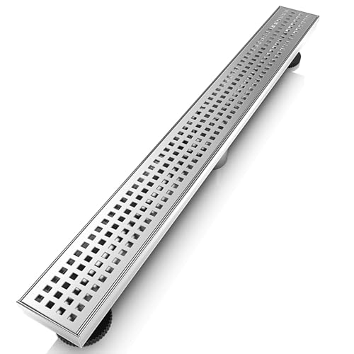 WEBANG 28 Inch Linear Shower Drain Rectangular Floor Drain with Accessories Square Hole Pattern Cover Grate Removable SUS304 Stainless Steel CUPC Certified Brushed - color: Brushed, size: 28 Inch