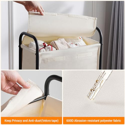 ELYKEN Slim Laundry Hamper with Lid & Wheels, 50L Rolling Laundry Basket | 7.9" Narrow Design, 50L, Removable Liner Bag, Lockable Wheels, Space Saving Clothes Hamper for Bathroom, Bedroom, Closet - style: Creamy-50L