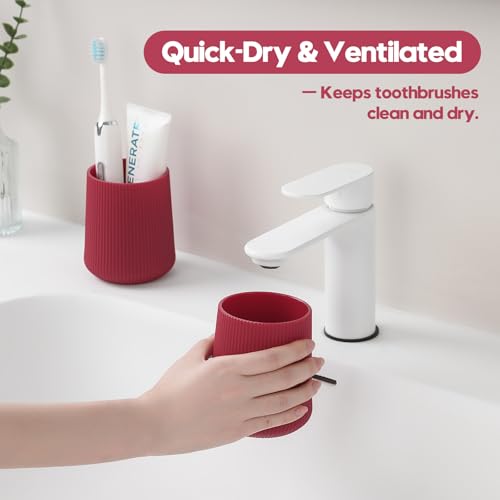YAUKPH Red Striped Toothbrush Holder | for Electric Toothbrushes Bathroom Organizer Cup for Toothpaste Kids & Adults - color: Red Ribbed