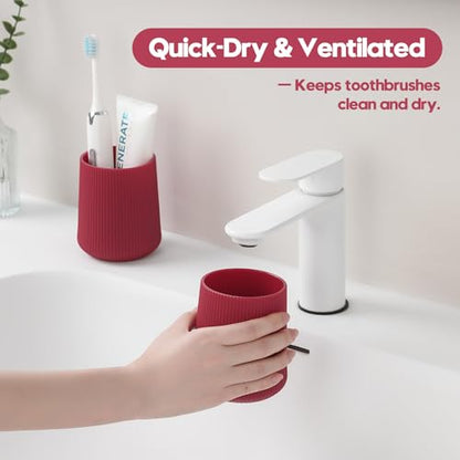 YAUKPH Red Striped Toothbrush Holder | for Electric Toothbrushes Bathroom Organizer Cup for Toothpaste Kids & Adults - color: Red Ribbed