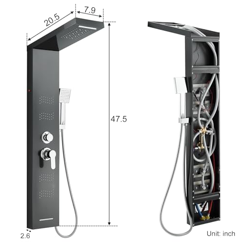 Stainless Steel Shower Panel Tower System with LED Lights, 5 in 1 Shower Panel with Rainfall Waterfall Shower Head, Body Spray, Handheld Shower, Tub Spout (Black) - color: Black - Wave Body Spray