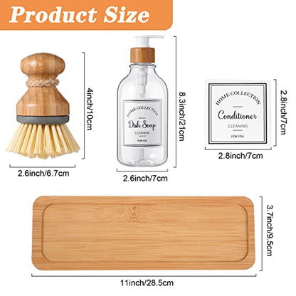 Zopeal 4 Pcs 16 oz Kitchen Soap Dispenser Set with Bamboo Tray and Dish Brush Plastic Soap Dispenser Set with Waterproof Labels for Hand Dish Lotion(Transparent) - color: Transparent