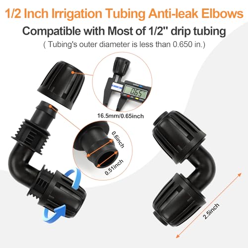 Drip Irrigation Elbow Fittings, 12 Pieces 1/2'' Dripline Locked Barbed Elbow Connectors for 1/2 Inch Irrigation Tubing (1/2" ID x 0.650" OD) 90 Degree Corner for Garden Sprinkler Systems - size: 1/2" Nut Elbow 12 Pcs