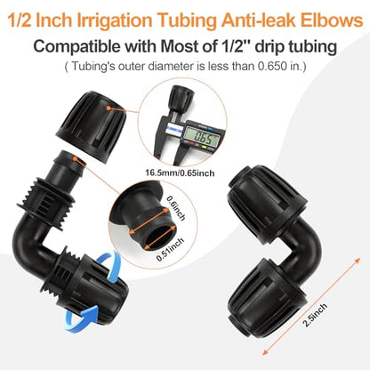 Drip Irrigation Elbow Fittings, 12 Pieces 1/2'' Dripline Locked Barbed Elbow Connectors for 1/2 Inch Irrigation Tubing (1/2" ID x 0.650" OD) 90 Degree Corner for Garden Sprinkler Systems - size: 1/2" Nut Elbow 12 Pcs