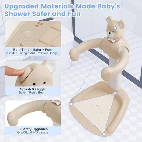 2-in-1 Adjustable Baby Shower Support Set Bear Design with Little Toy Duck | Bathroom Safety Standing Infant Shower Chair & Bather Station | Portable Non-Slip Bathing Stand for 6-48 Months - color: Caramel