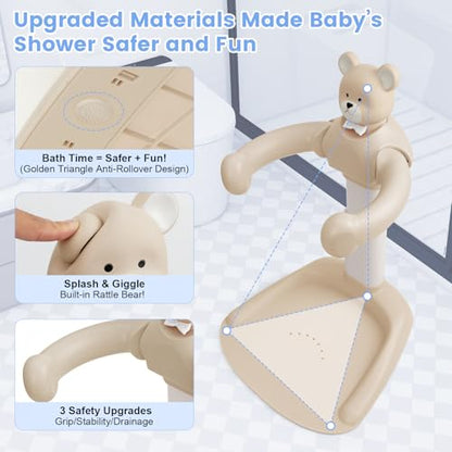 2-in-1 Adjustable Baby Shower Support Set Bear Design with Little Toy Duck | Bathroom Safety Standing Infant Shower Chair & Bather Station | Portable Non-Slip Bathing Stand for 6-48 Months - color: Caramel