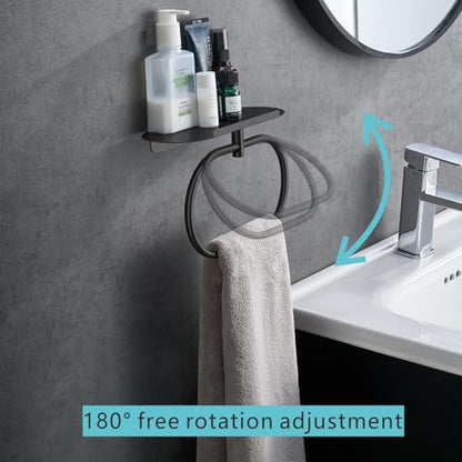 Towel Ring with Shelf, Heavy Duty Stainless Steel Bathroom Hardware, Adhesive No-Drill or Drill Mount Wall Mounted Towel Holder for Bathroom and Kitchen (Black) - color: Black