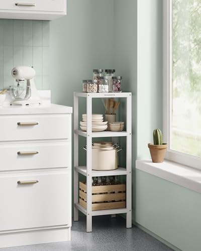 SONGMICS Bamboo Storage Shelf, 4-Tier Shelving Unit, Multifunctional, in the Entryway, Bathroom, Living Room, Balcony, Kitchen, 13 x 13 x 38.6 Inches, Cloud White UBCB054W01 - color: Cloud White, size: 4 Tiers (13"D x 13"W x 38.6"H)