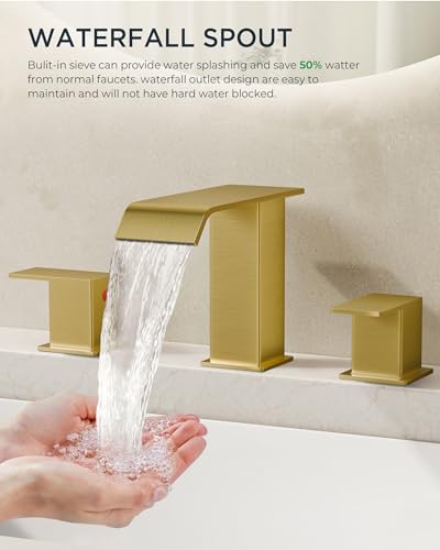 FORIOUS Brushed Gold Bathroom Sink Faucets 3 Hole Widespread Vanity Faucet | 3-hole 4-12 Inch Widespread Sink, Square Waterfall Spout, with Drain and Hoses,for Vanity Rv Commercial Lavatory Restroom - color: Brushed Gold