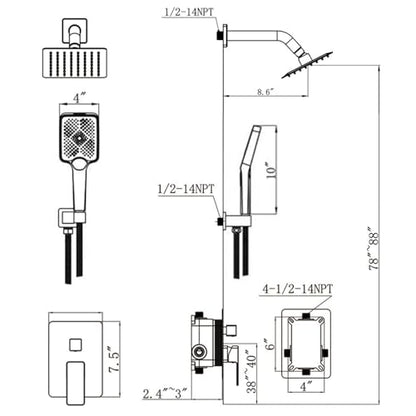 Shower System Modern Rain 8 inches Brass Faucet Set With Valve and Diverter Shower Mixer With Handheld High Pressure Square Rainfall Shower Valve (8'' Wall Mount, Chrome Polished) - color: Chrome Polished, style: 8'' Wall Mount