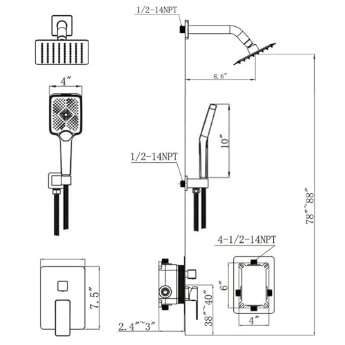 Shower System Modern Rain 8 inches Brass Faucet Set With Valve and Diverter Shower Mixer With Handheld High Pressure Square Rainfall Shower Valve (8'' Wall Mount, Brushed Nickel) - color: Brushed Nickel, style: 8'' Wall Mount