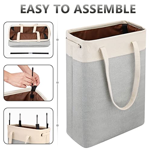 Laundry Basket with Handles Beige&Silver Slim Laundry Bin Collapsible Dirty Clothes Basket Narrow Laundry Bag Foldable Dirty Hamper for Camping, Dorms, Apartments - color: Beige&Silver