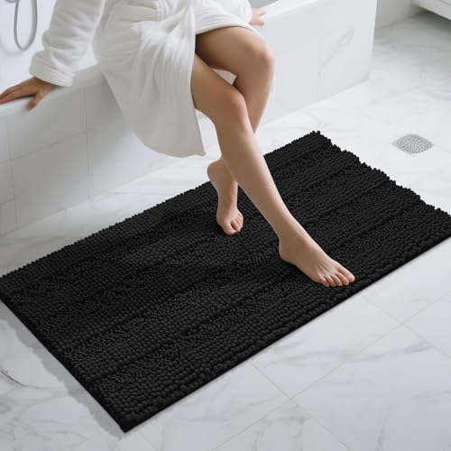 Yimobra Bathroom Runner Rugs 55"x24", Non Slip and Absorbent Bath Mat, Super Soft Water Absorbent Hallway Carpet, Machine Washable Rug for Vanity Tub Shower, Black - color: Black, size: 55" X 24"