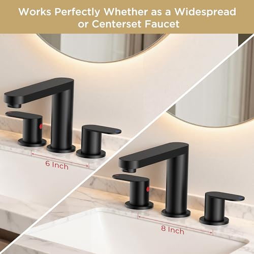 QFN Bathroom Faucet 3 Hole 8 Inch Widespread Vanity Sink Faucet Matte Black | 304 Stainless Steel Bathroom Sink Faucet with Pop-up Drain, 6-12 Inch 3 Hole Install, for RV Laundry Farmhouse Restroom Sink - color: Matte Black, style: Round