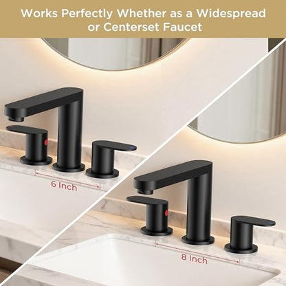 QFN Bathroom Faucet 3 Hole 8 Inch Widespread Vanity Sink Faucet Matte Black | 304 Stainless Steel Bathroom Sink Faucet with Pop-up Drain, 6-12 Inch 3 Hole Install, for RV Laundry Farmhouse Restroom Sink - color: Matte Black, style: Round